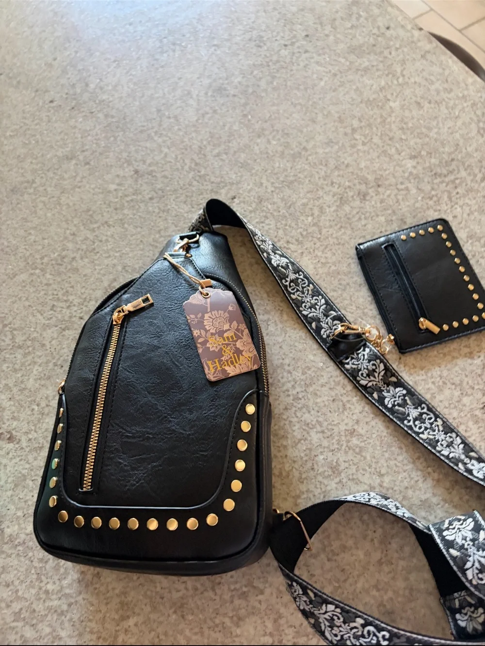 New!! Black Studded Crossbody Sling Bag with Decorative Strap